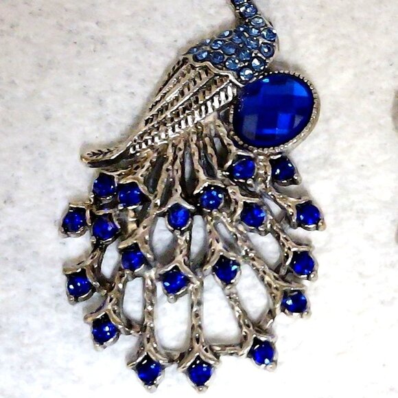 Peacock Earrings Dangle Blue Faux Rhinestone Silver Plating Metal 3.5" Length - Picture 5 of 9